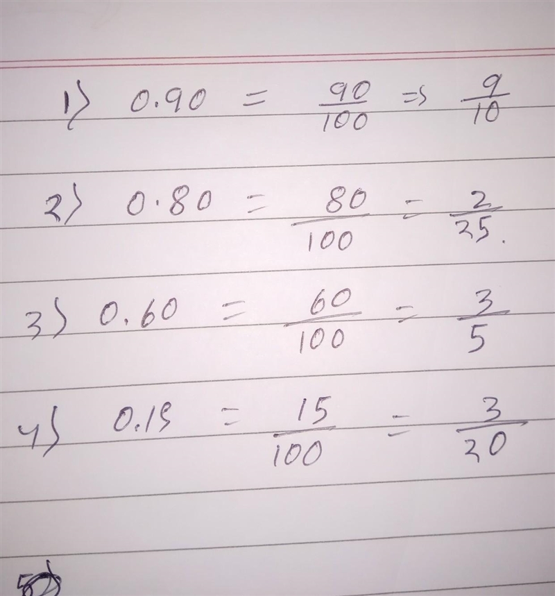 Rename the following decimal form into fraction form . 1) 0.90 2) 0.80 3)0.60 4)0.15 5)0.15 ​-example-1