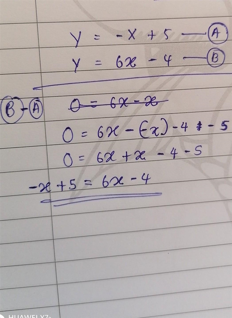 NEED HELP PLZ Consider the following set of equations: Equation A: y = -x + 5 Equation-example-1