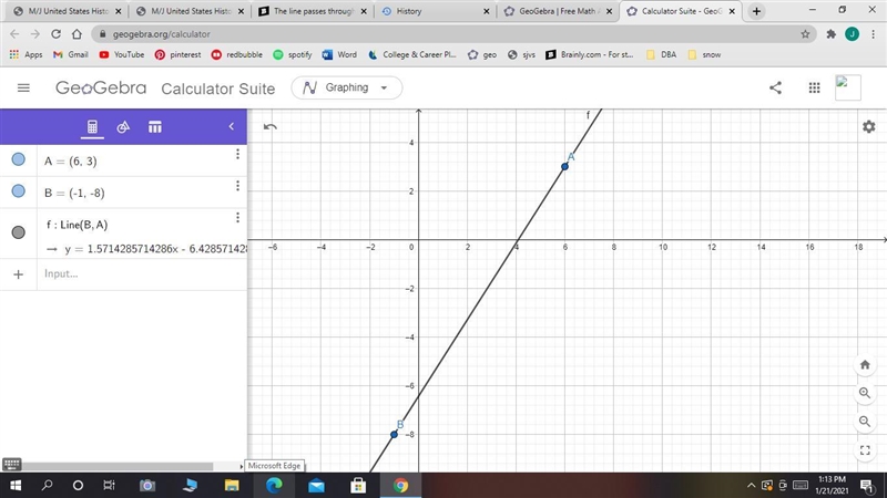 The line passes through (6,3) and (-1,-8)-example-1