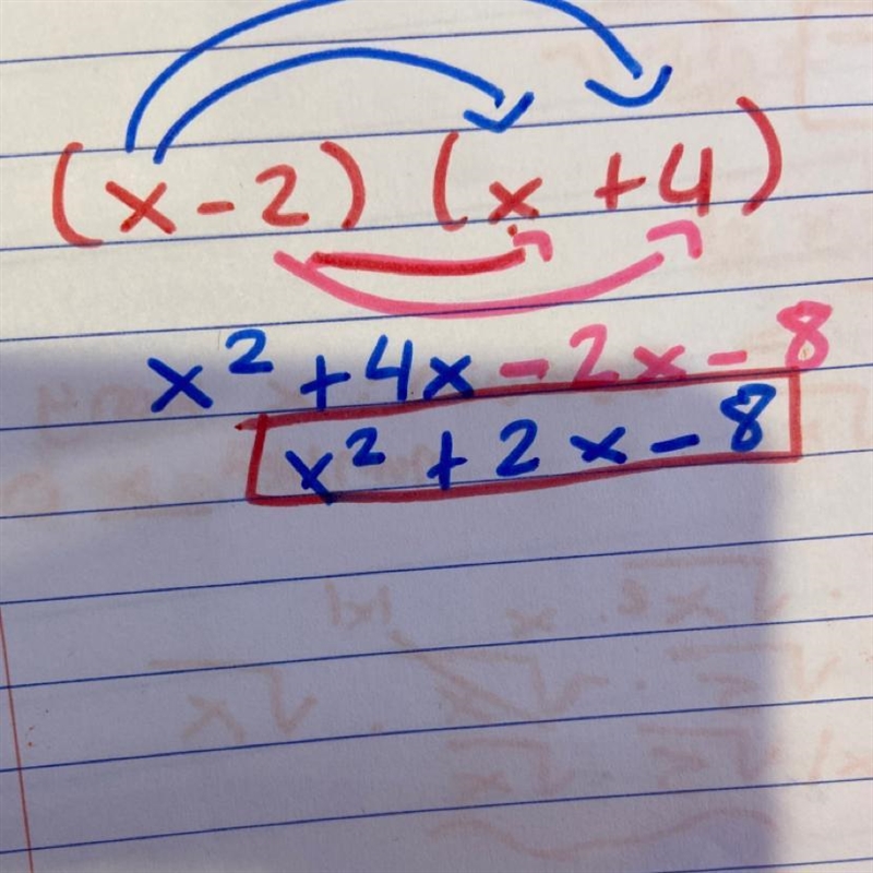 1) Simplify the product using the distributive property. (x-2)(x+4) Please help me-example-1