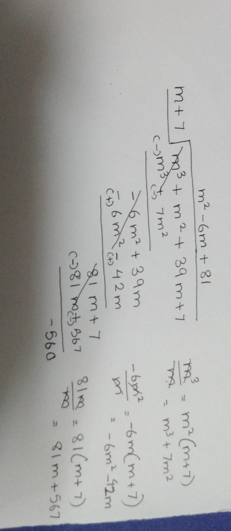 (m 3 + m 2 - 39m + 21) ÷ (m + 7)-example-1