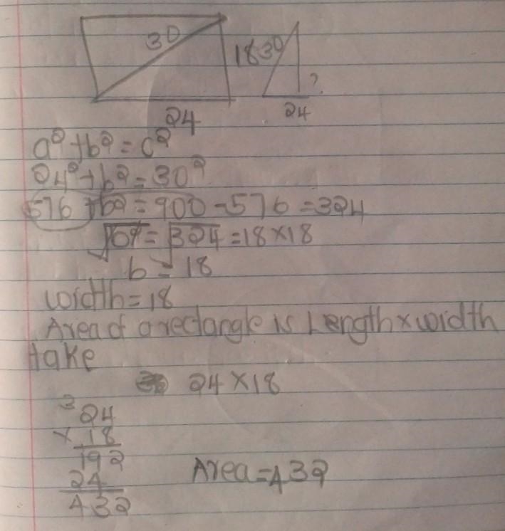 The diagonal of a rectangle is 30 inches and the length of the rectangle is 24 inches-example-1