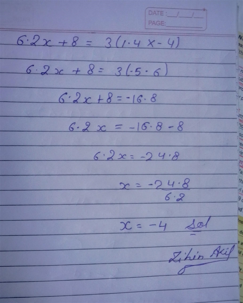 6.2x + 8 = 3(1.4x -4) What are the steps to solve this problem?​-example-1