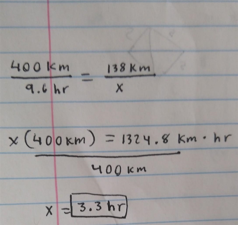 A boat travels 400 kilometers in 9.6 hours (with a constant speed). How much time-example-1