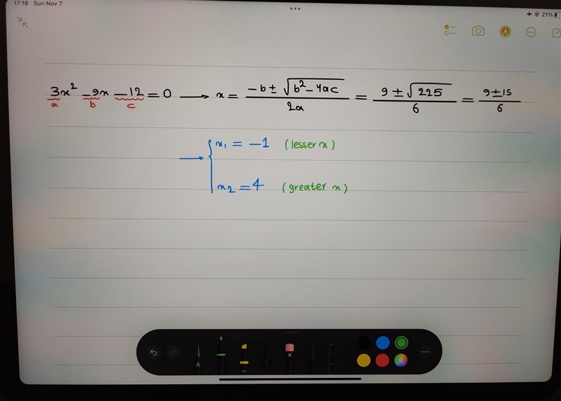 Solve for x. Enter the solutions from least to greatest. 3x2 - 9x – 12 = 0 lesser-example-1