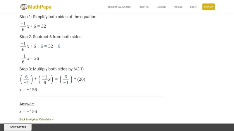 -x/6 + 6 = 32 Please help me! Thank you-example-1