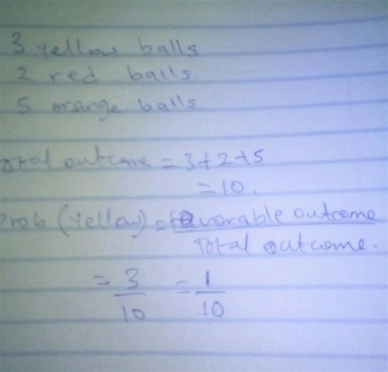 Three yellow balls, two red balls and five orange balls are placed in a bag. Mark-example-1