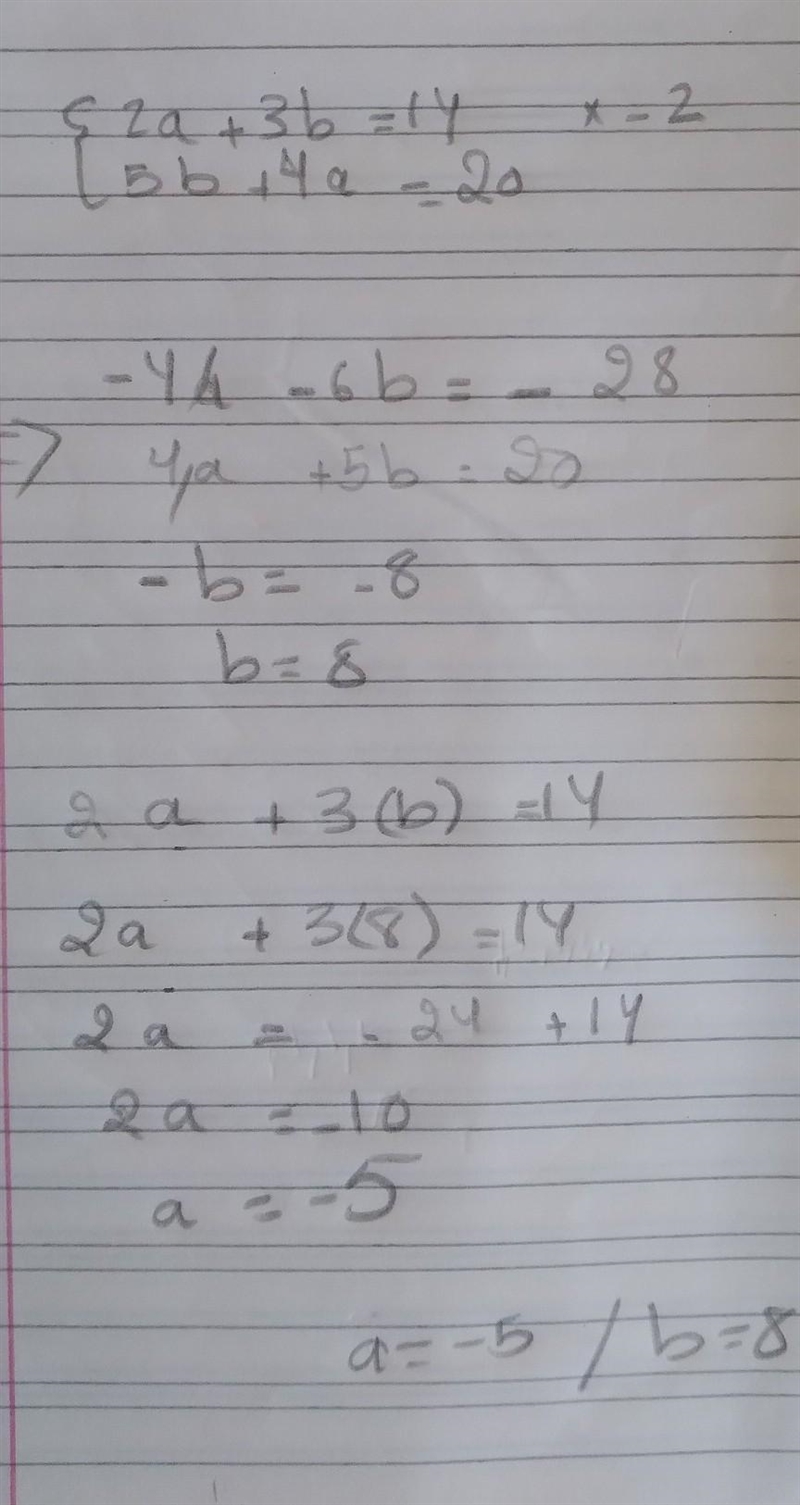 Hi guys, how to calculate this in system? {2a+3b=14 {5b+4a=20 Thanks,-example-1