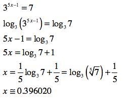 Consider the following. 3^5x − 1 = 7 (a) Find the exact solution of the exponential-example-1