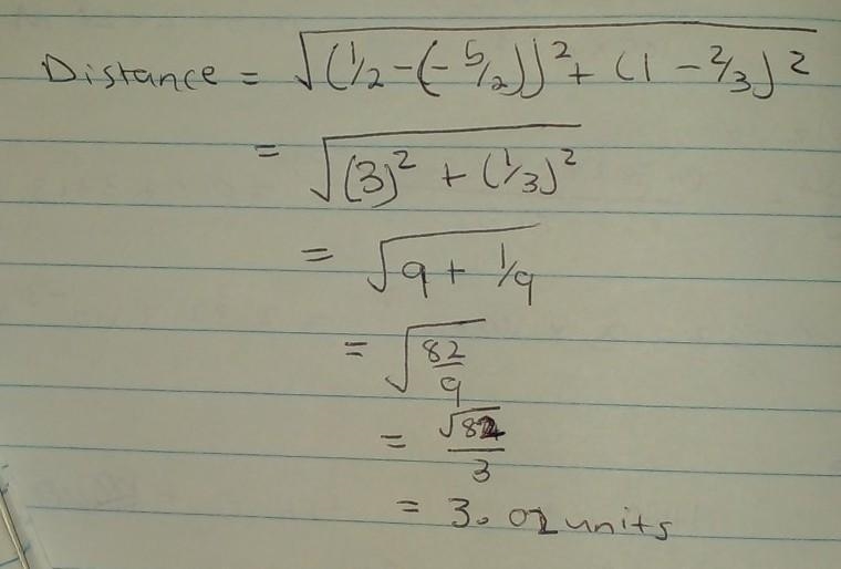 Find the distance between the points (1/2, 1) (-5/2, 2/3)-example-1