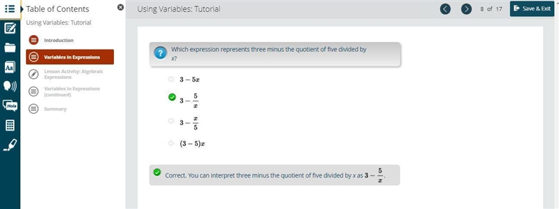 ? Which expression represents three minus the quotient of five divided by x?-example-1