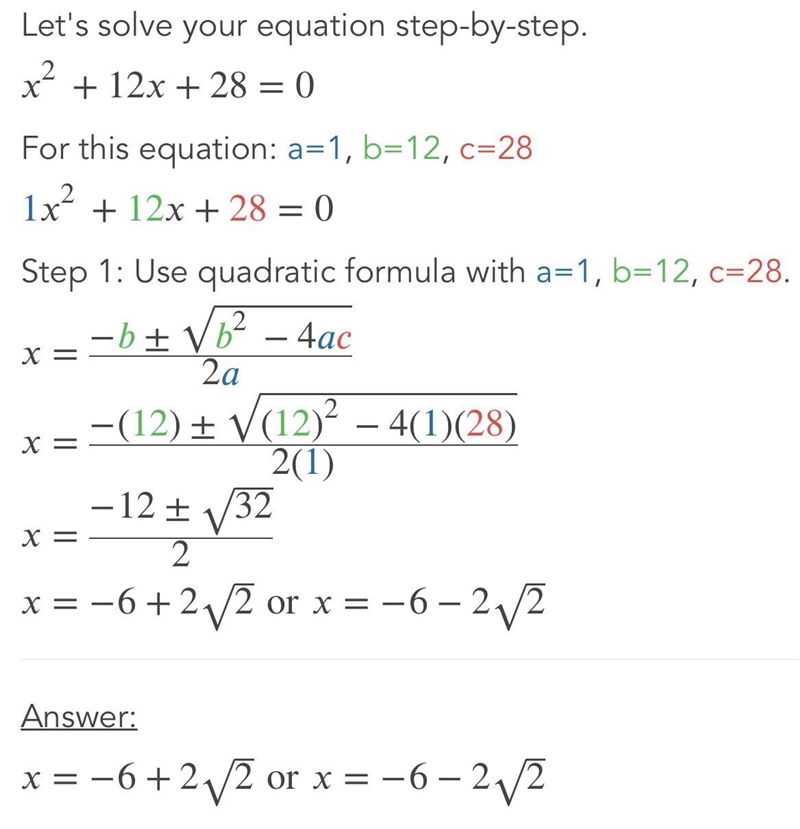 List the steps to solve the equation x^2 + 12x + 28= 0 by completing the square, and-example-1