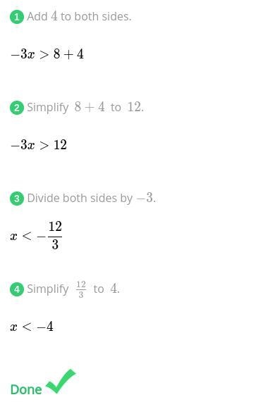 -3x -4>8 solve it pls-example-1