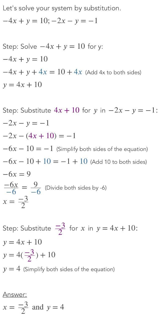 Solve the system of equations using linear combination. -4x+y=10 -2x-y=-1-example-1