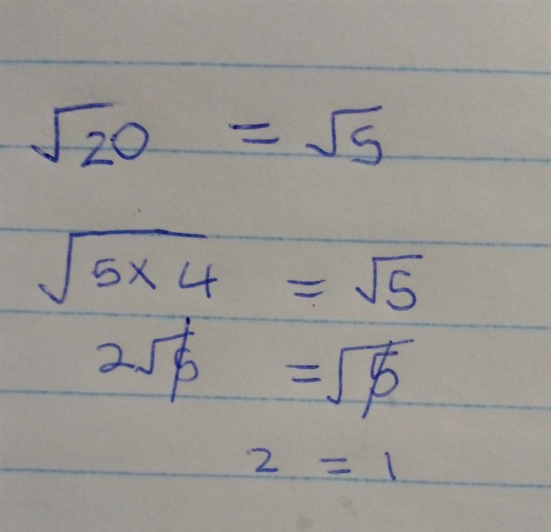 Complete the equation √(20) = \: \: √(5) ​-example-1