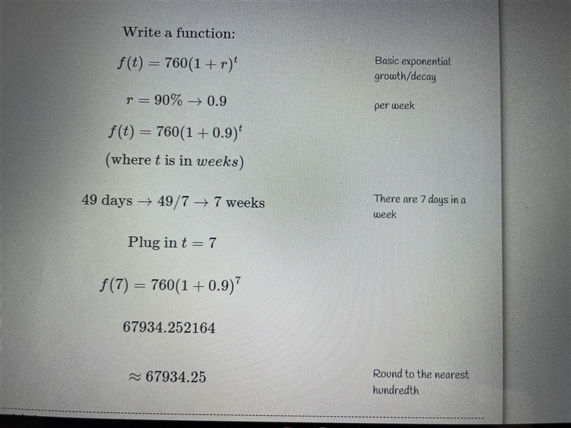 A quantity with an initial value of 760 grows exponentially at a rate of 90% every-example-1