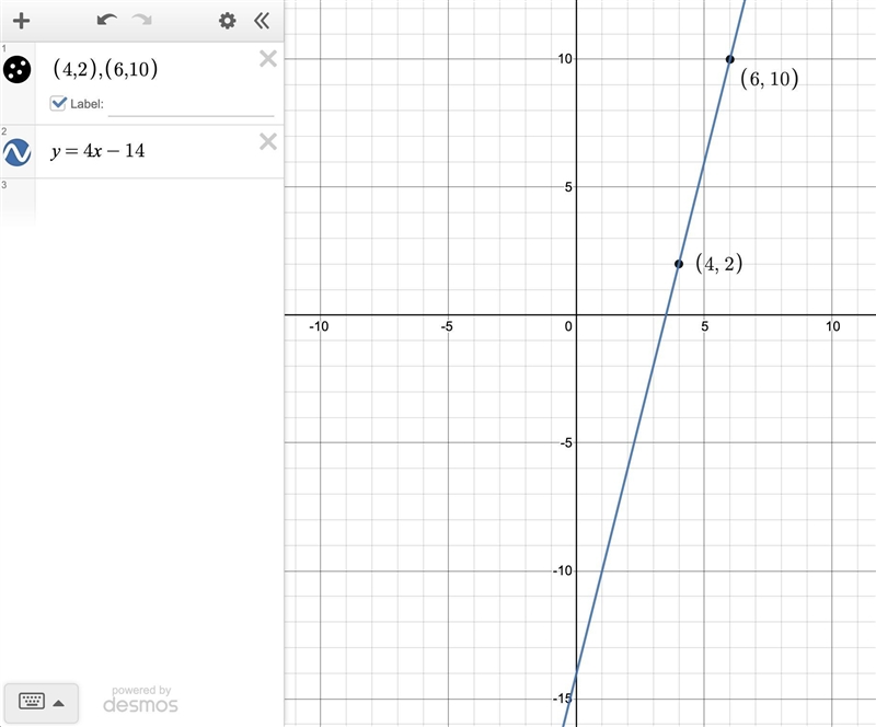 Find the equation of the line passing through the points (4, 2) and (6,10). y = [ ? ]x-example-1