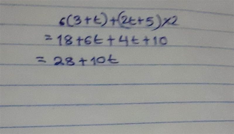 Simplify to create an equivalent expression. 6(3 + t) + (2t + 5) x 2-example-1