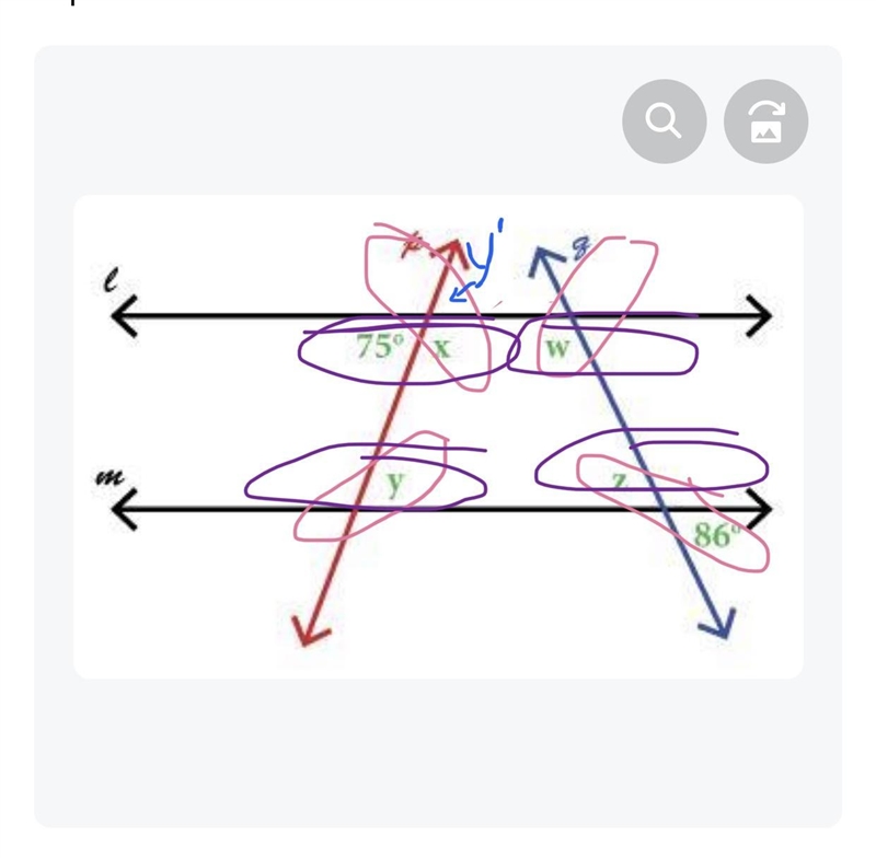 In the following diagram, ℓ ∥ m . Solve for each of the variables w, x, y, and z. For-example-1