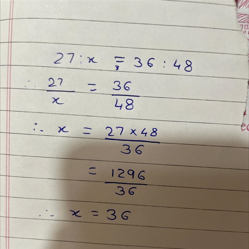 Find the value of x if 27:x = 36:48​-example-1