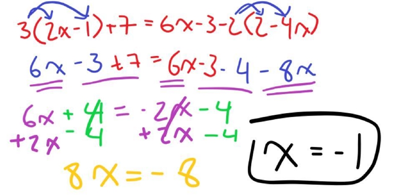 Whats 3(2x-1)+7=6x-3-2(2-4x)-example-1