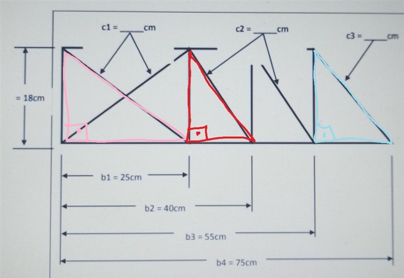 Using the pythagorean theorem, calculate the length of the missing sides (c1, c2, c-example-1