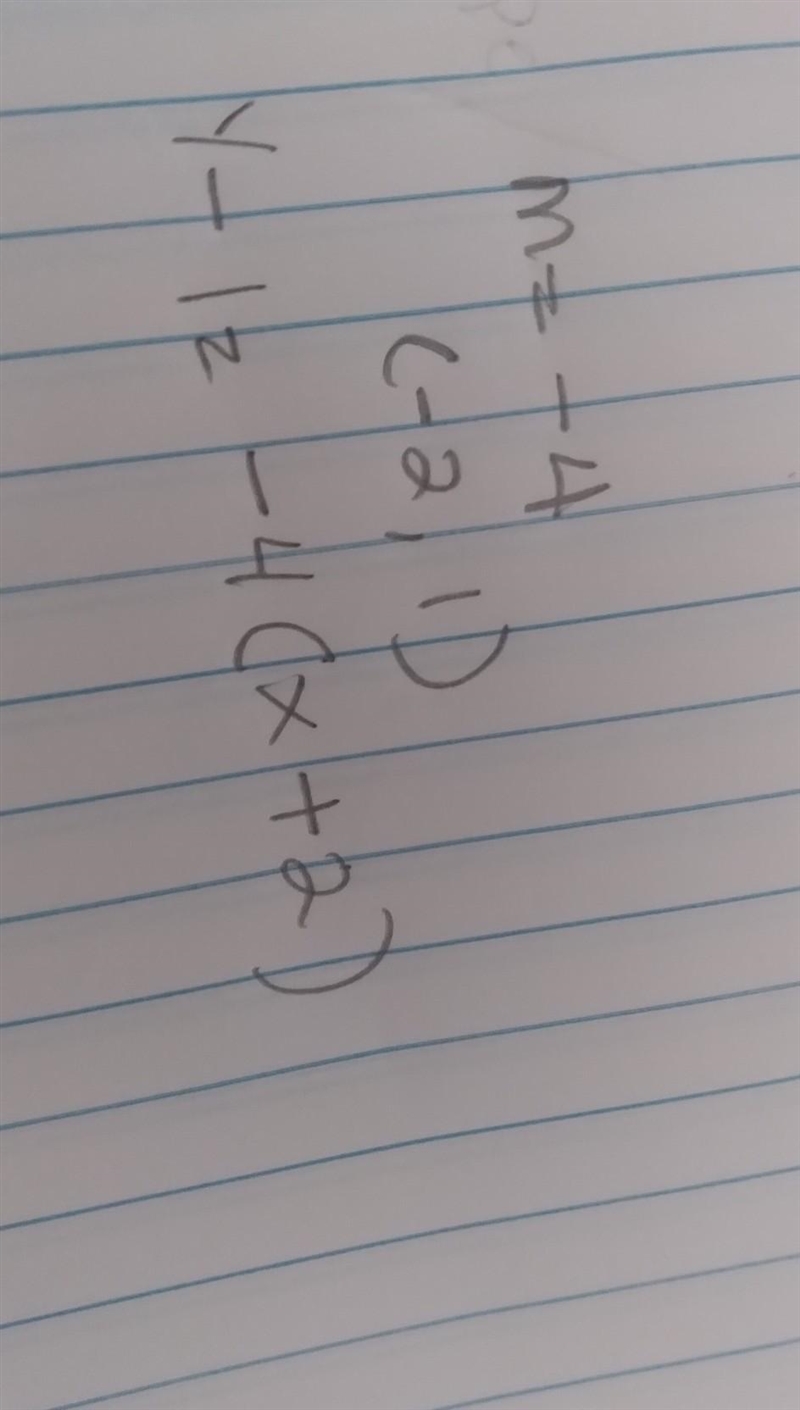 A line has a slope of -4. The line passes through the point (-2,1). What is the point-example-1