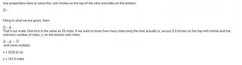 A map was created using the scale 1 inch :25 miles. If the river is 5.5 inches long-example-1