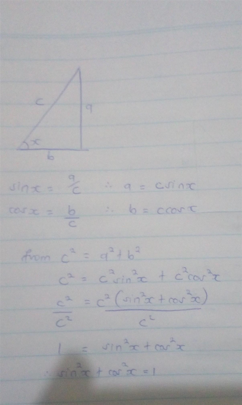 Prove trigonometric identity: { \sin}^(2) + \cos ^(2) = 1 Please show proof and explanation-example-1