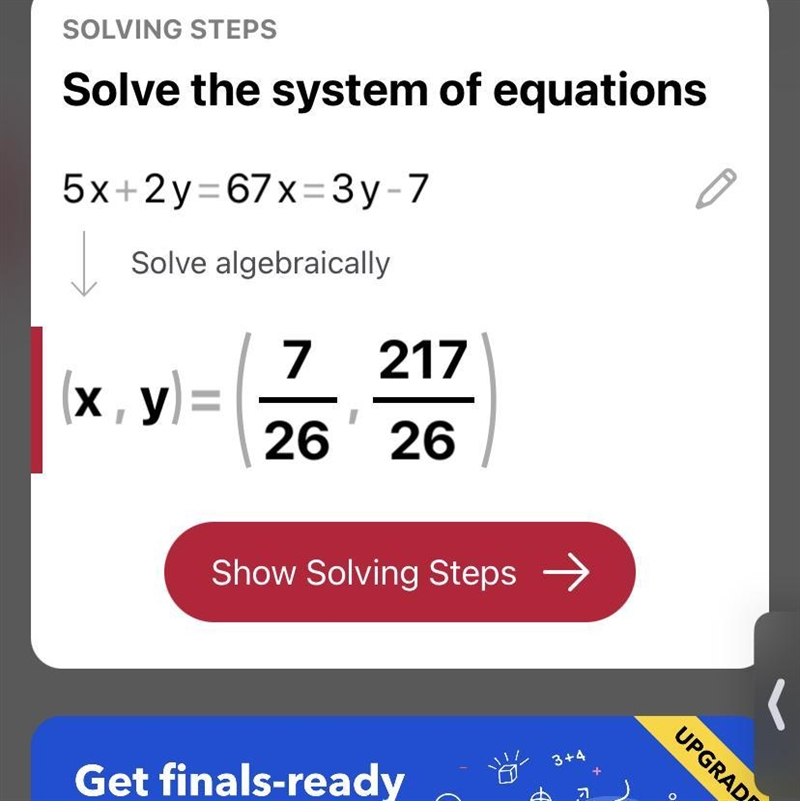 What is the value of x in the solution to this system of equations? 5x+2y=67x=3y−7-example-1