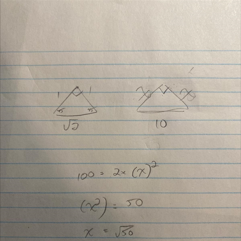 The length of the hypotenuse of a 45°-45°-90° triangle is 10. What is the length of-example-1