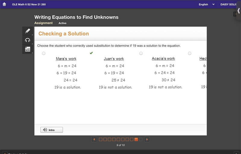 Choose the student who correctly used substitution to determine if 19 was a solution-example-1