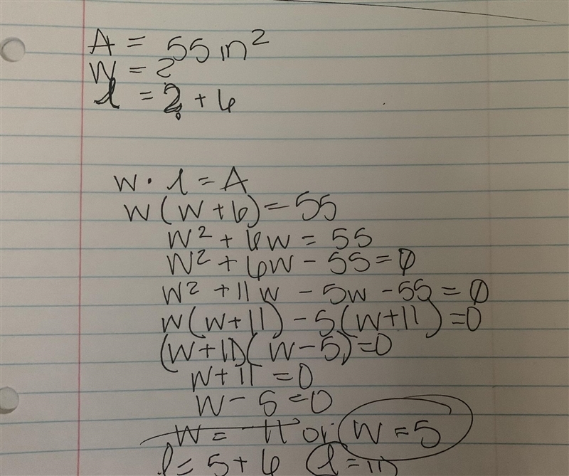 The length of a rectangle is 6 more than the width. The area is 55 square inches. Find-example-1