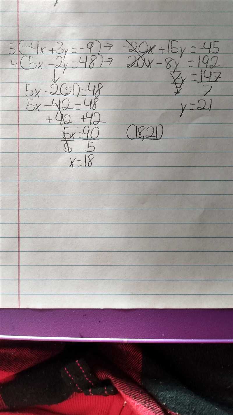 Solve the system of linear equations using multiplication. −4x + 3y = −9 5x − 2y = 48 The-example-1