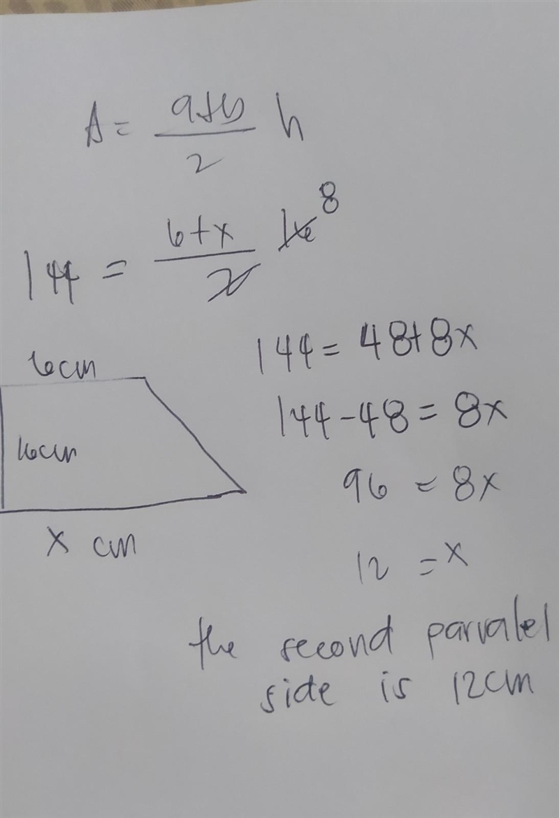 The area of a trapezoid is 144cm2. The height is 16cm and the length of one of the-example-1