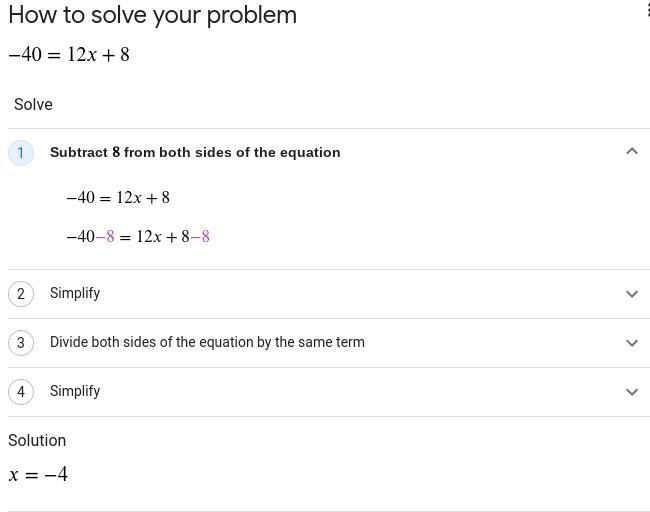 What is the first step in solving -40=12x+8-example-1