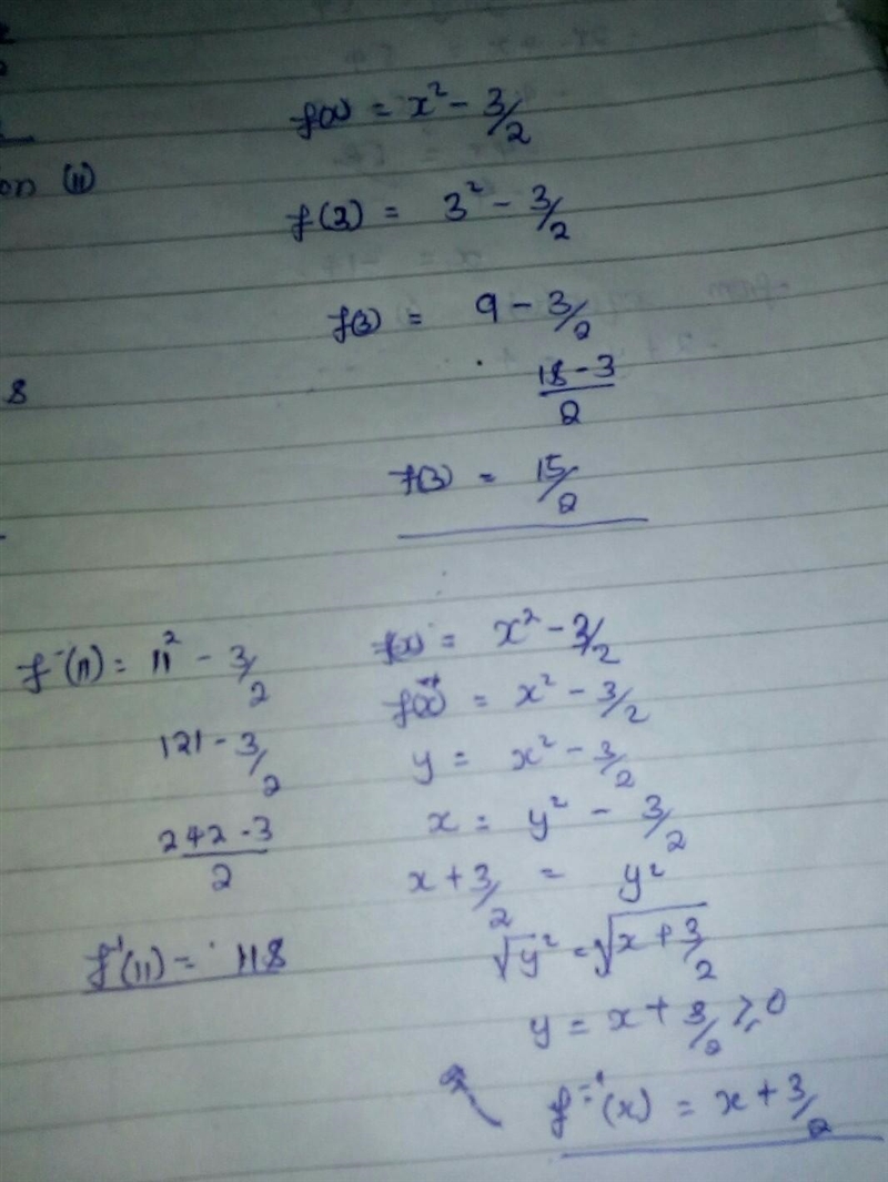 Question & make any Given that was f(x)=x^2-3/2 a) Find f(3) b) Findf^-1(x) C-example-1