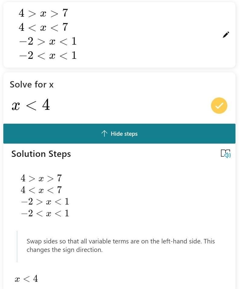 Solve for x: 1 < x + 3 < 4 4 > x > 7 4 < x < 7 −2 > x > 1 −2 &lt-example-1