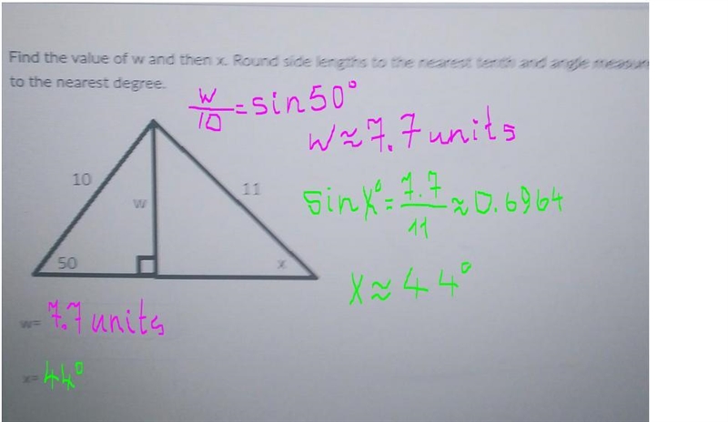 find the value of w and then x. round side lengths to the nearest tenth and angle-example-1