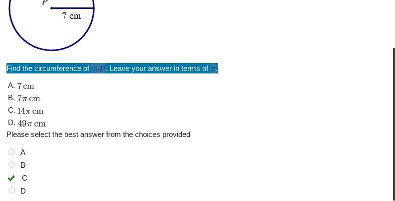 The radius is 7. Find the circumference of p. Leave your answer in terms of pi.-example-1