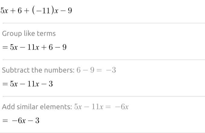 Find the sum of 5x + 6 and -11x - 9-example-1