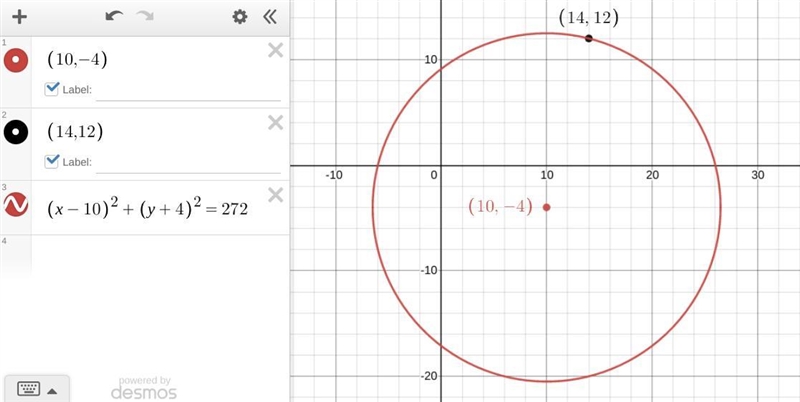 Write the equation of the circle centered at (10, – 4) that passes through (14, 12).-example-1