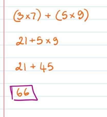 Evaluate. (3⋅7)+(5⋅9) Enter your answer in the box.-example-1