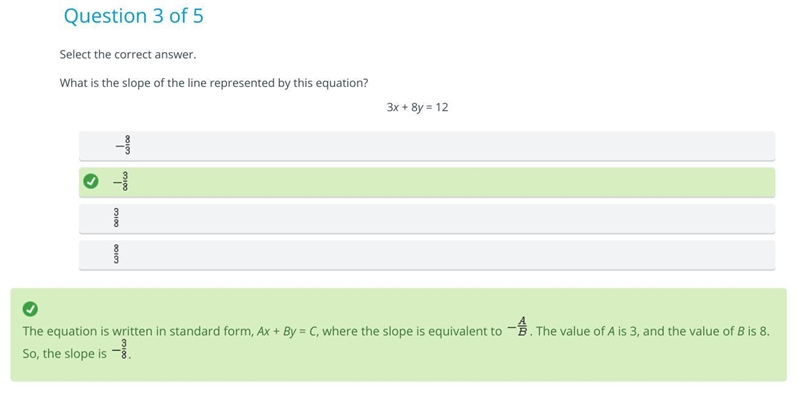 What is the slope of the line represented by this equation? -3x + 8y = 12 A -8/3 B-example-1