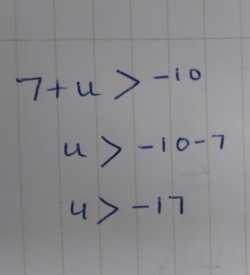 Solve the inequality for u. 7+u>-10-example-1