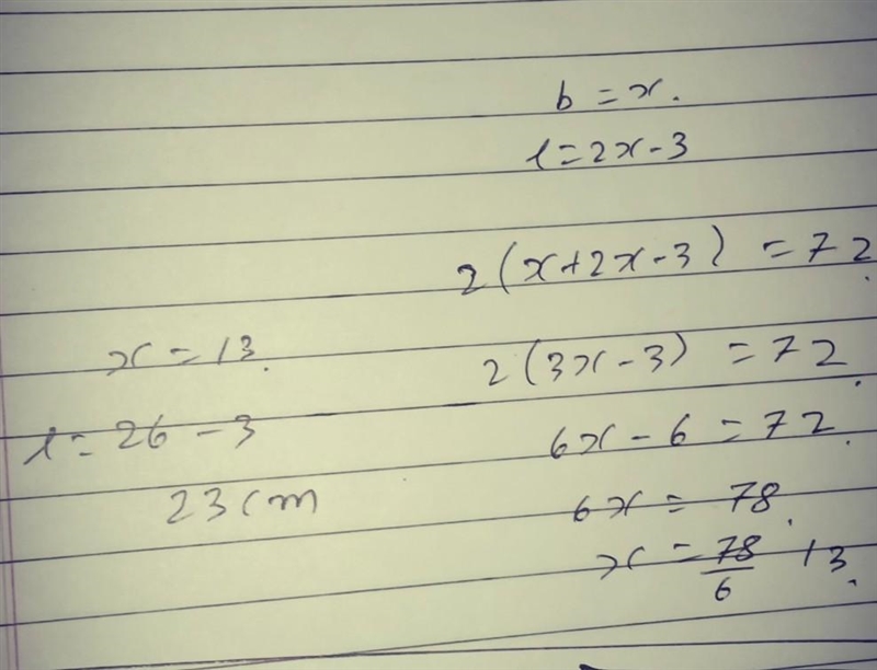 The length of a rectangle is 3 less than twice the width. If the perimeter is 72 cm-example-2