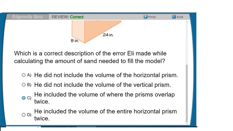 Eli built a 3-D model of a building, as shown below. Eli wrote the following calculation-example-1