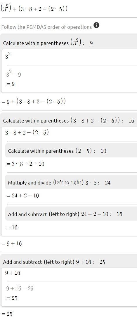 What is the value of a ^ 2 + 3b + c - 2d , when a = 3 , b = 8; c = 2, and d = 5 ? Enter-example-1