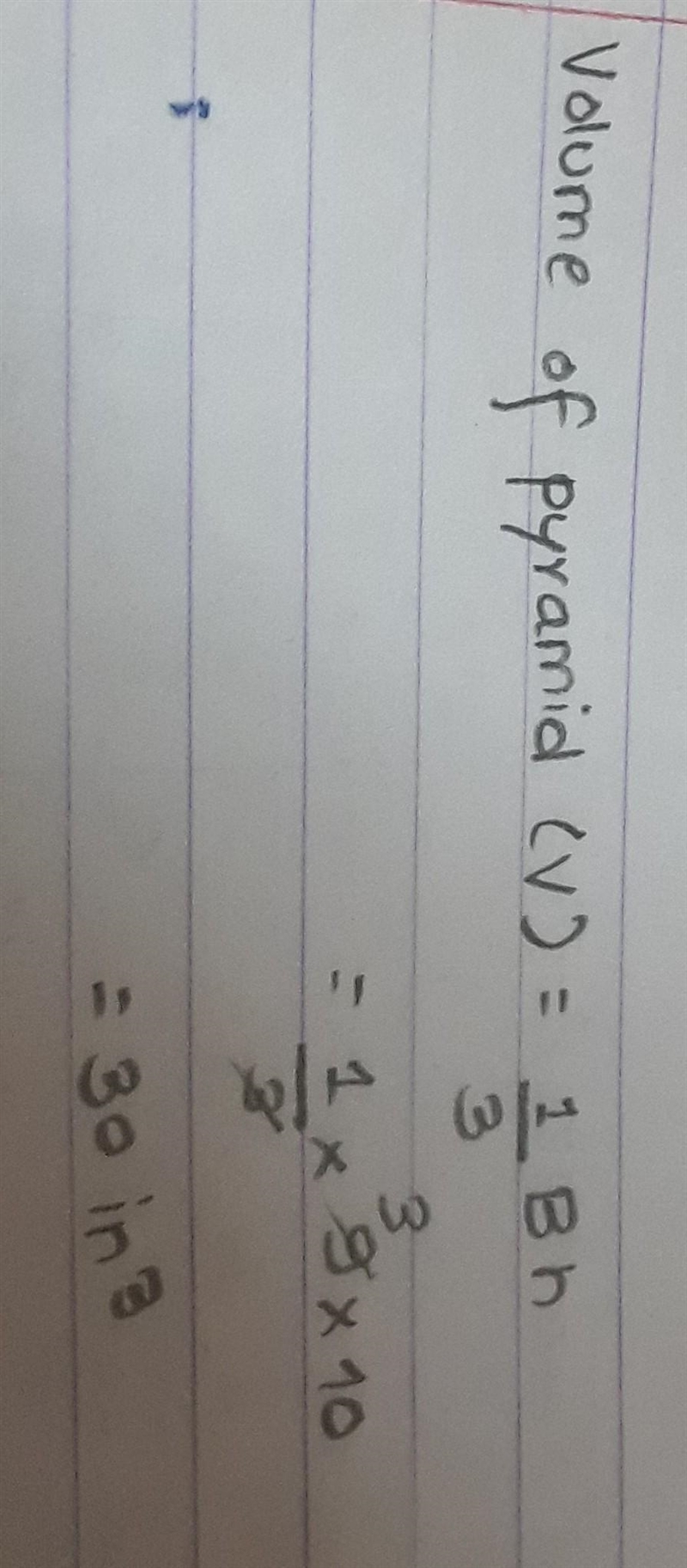 What is the volume of a triangular pyramid that is 10 in. tall and has a base area-example-1