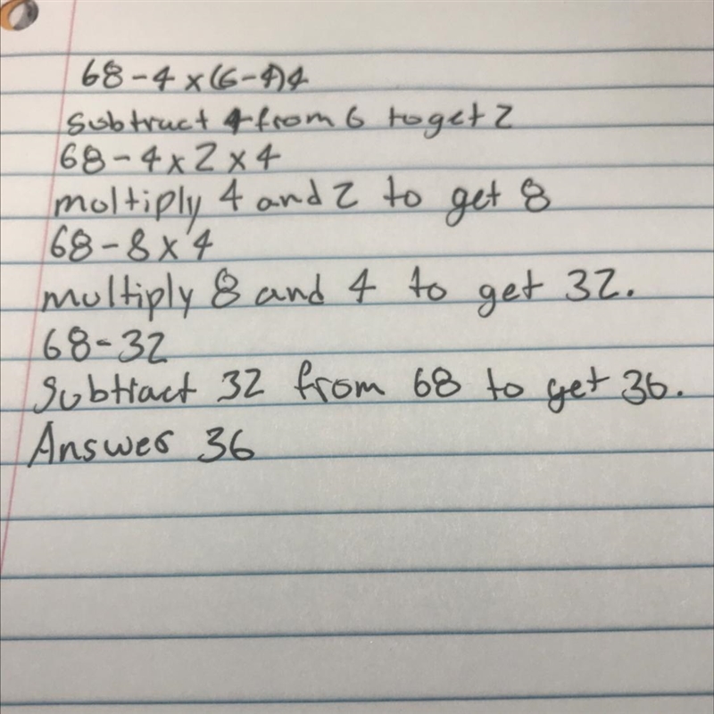 68 - 4 × (6 - 4)4 pls help the answer questions are 16 80 4 or -2-example-1